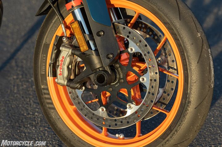 What a difference a set of pads can make. The KTM and Triumph have basically the same brake components, but the Duke’s pad choice is far more aggressive. We happen to like that, but others may not want such a powerful initial bite. 